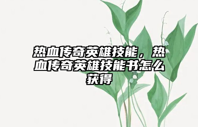 熱血傳奇英雄技能，熱血傳奇英雄技能書怎么獲得